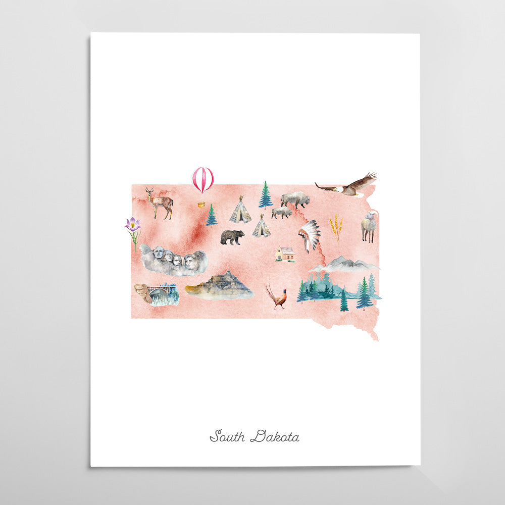 South Dakota Illustrated State Map Art Print