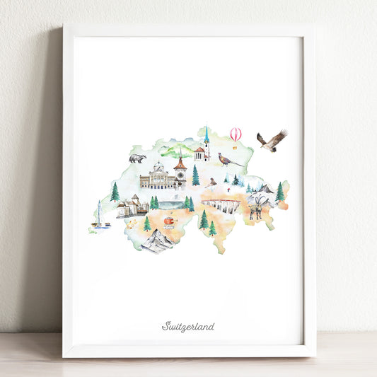 Switzerland Illustrated Map Art Print
