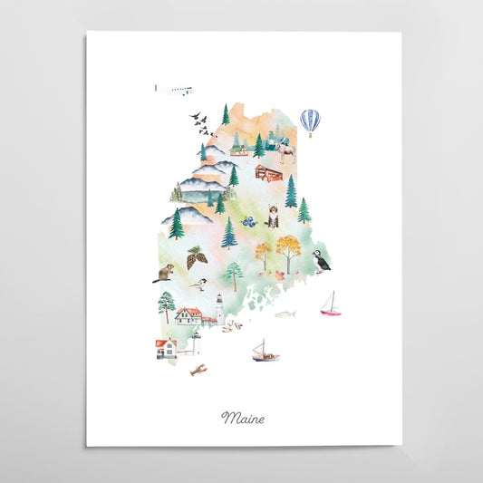 The image is a watercolor illustration depicting various elements of Maine, including mountains, forests, buildings, boats, and animals.