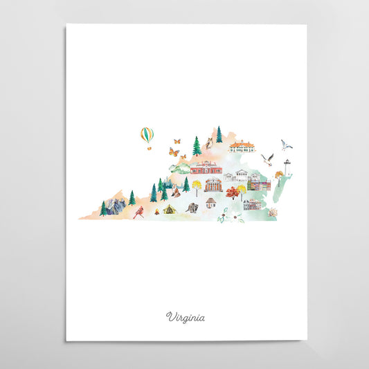The image is a watercolor map of Virginia, depicting various landmarks and scenes from the state.