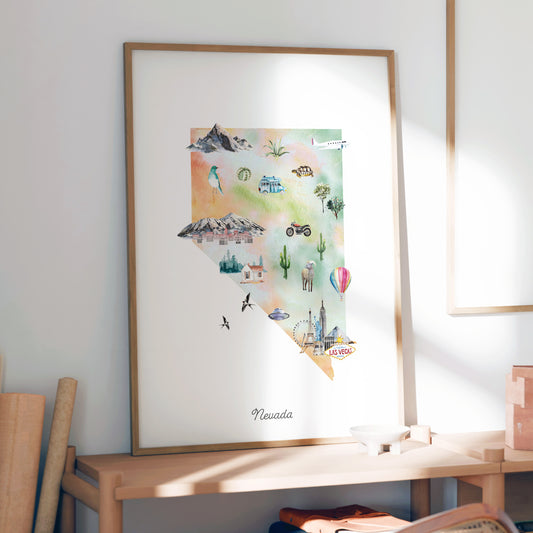 a framed watercolor painting of the state of Nevada, with various illustrations and landmarks depicted on the canvas.