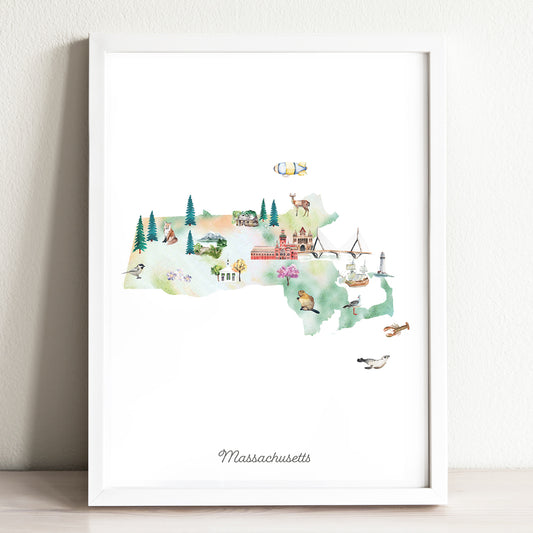 The image is a framed watercolor illustration depicting various landmarks and scenes from Massachusetts, including a castle, a lighthouse, a bird, and a deer.