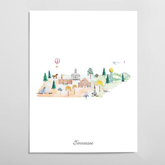 A watercolor illustration depicting various landmarks and scenes from Tennessee, including a hot air balloon, a church, a lighthouse, and a horse.