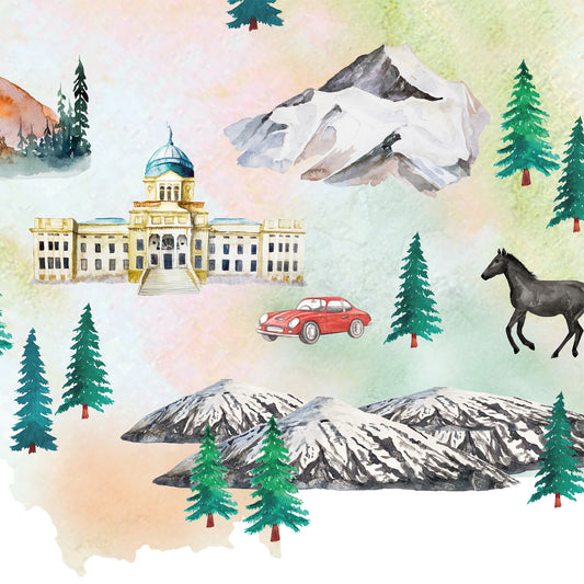 The image is a watercolor painting depicting a scenic landscape with a large building, a red car, a horse, pine trees, and mountains.