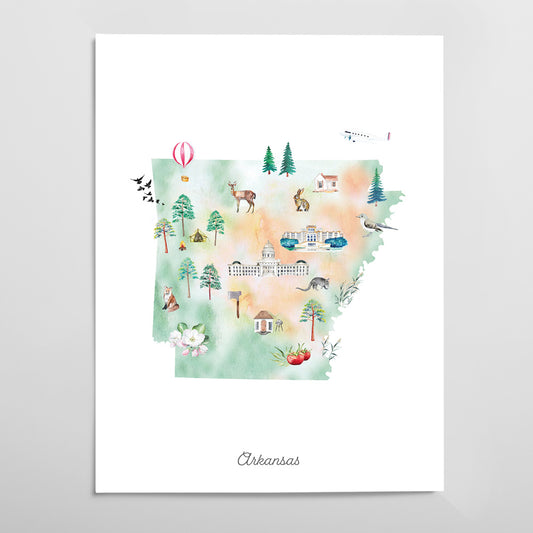 The image is a watercolor illustration depicting various elements associated with Arkansas, including animals, buildings, and natural scenery.