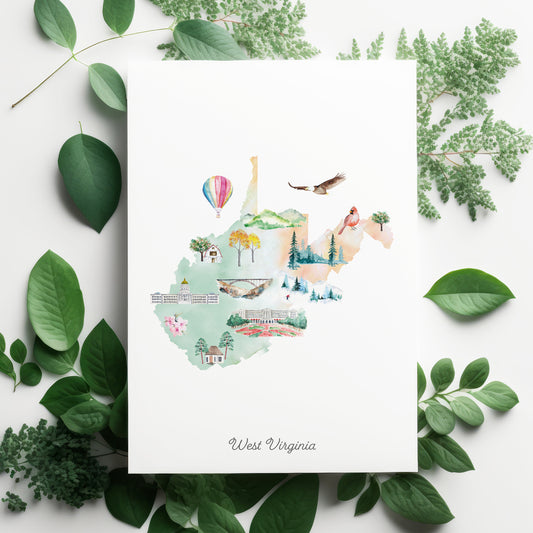 The image is a watercolor illustration of the state of West Virginia, featuring various landmarks and natural scenery.