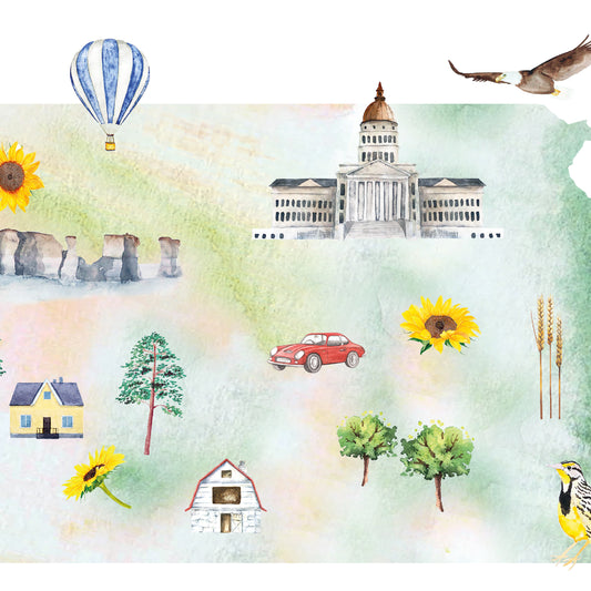 The image is a collage of various elements, including a hot air balloon, a building, a car, a bird, a tree, a house, and a sunflower.