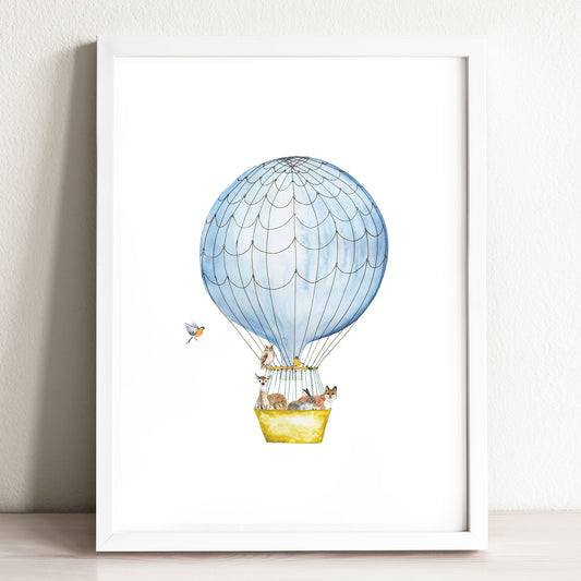 Woodland Animals Hot Air Balloon Art Print