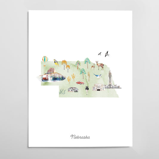 Nebraska Illustrated State Map Art Print