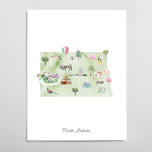 North Dakota Illustrated State Map Art Print