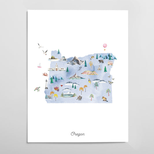 Oregon Illustrated State Map Art Print