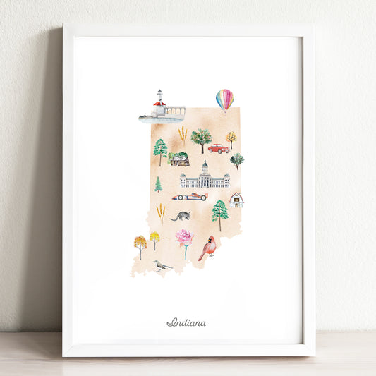 Indiana Illustrated State Map Art Print
