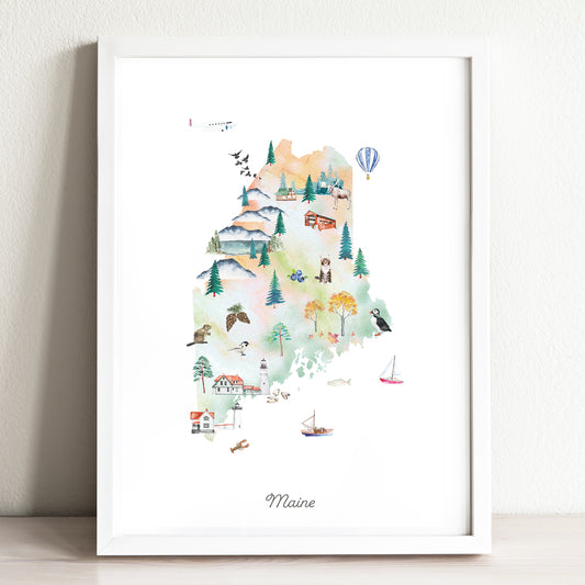 Maine Illustrated State Map Art Print