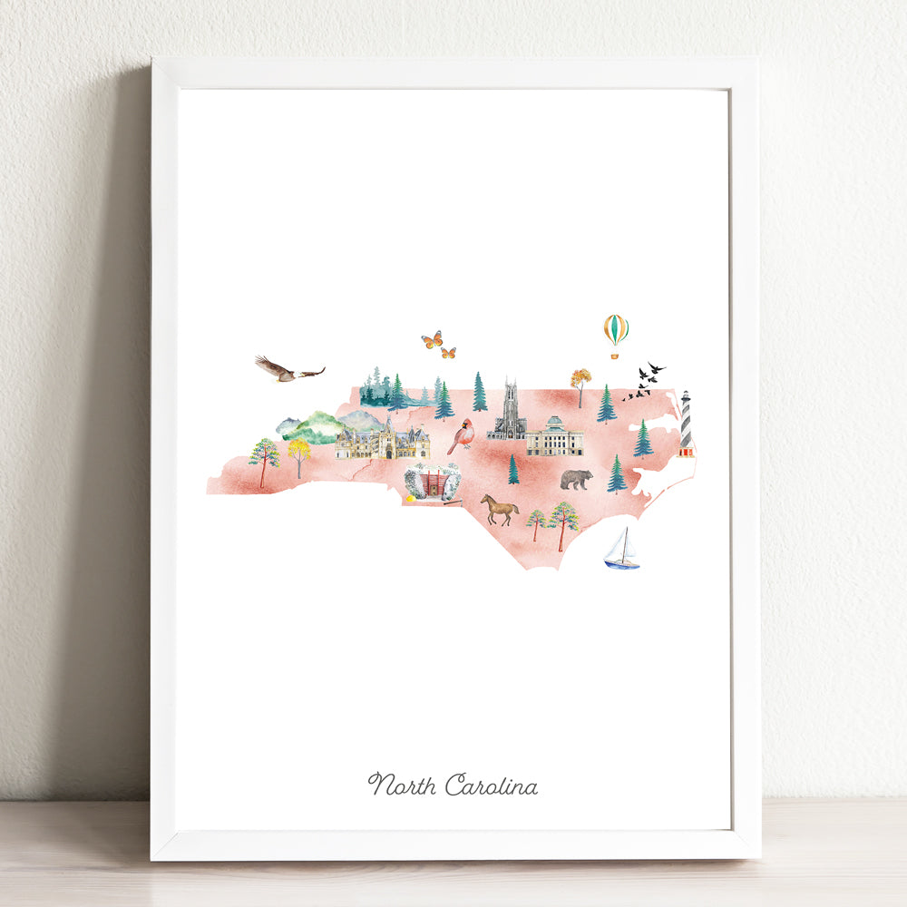 North Carolina Illustrated State Map Art Print | Featuring illustrations of famous North Carolina landmarks, plants, and animals | Illustrated decor for Nursery, Office, Kitchen, or Living Room | Buy illustrated map north-carolina-illustrated-state-map-art-print-featuring-illustrations-of-famous-north-carolina-landmarks-plants-and-animals-illustrated-decor-for-nursery-office-kitchen-or-living-room-buy-illustrated-map