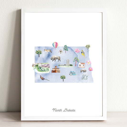 North Dakota Illustrated State Map Art Print