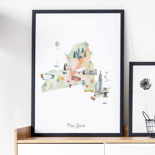 New York Illustrated State Map Art Print