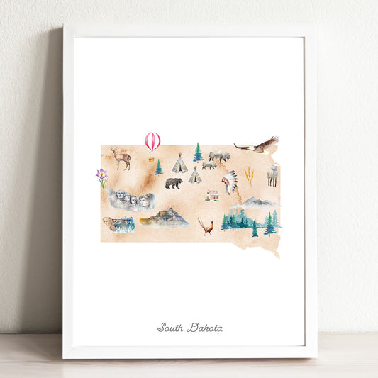 South Dakota Illustrated State Map Art Print
