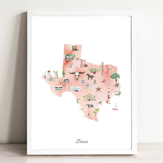 Texas Illustrated State Map Art Print