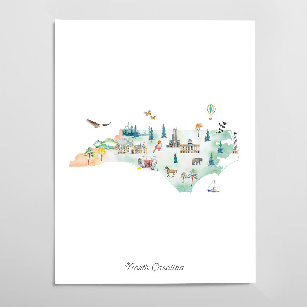 A watercolor illustration depicting various landmarks and scenes from North Carolina, including a lighthouse, a bird, a horse, and a hot air balloon.
