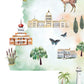 The image is a collage of various architectural and natural elements, including a large building with a dome, a lighthouse, a tree, a house, and butterflies.