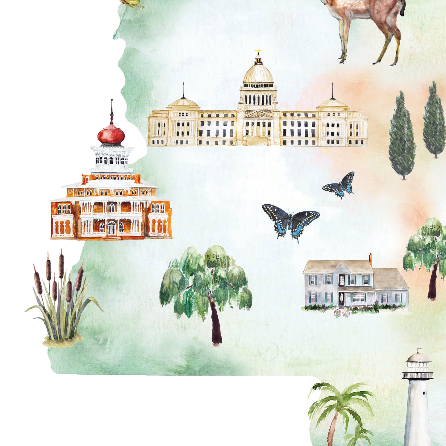 The image is a collage of various architectural and natural elements, including a large building with a dome, a lighthouse, a tree, a house, and butterflies.