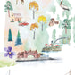 The image is a collage of various elements, including a house, a bridge, a bird, trees, a car, a flower, and a body of water.