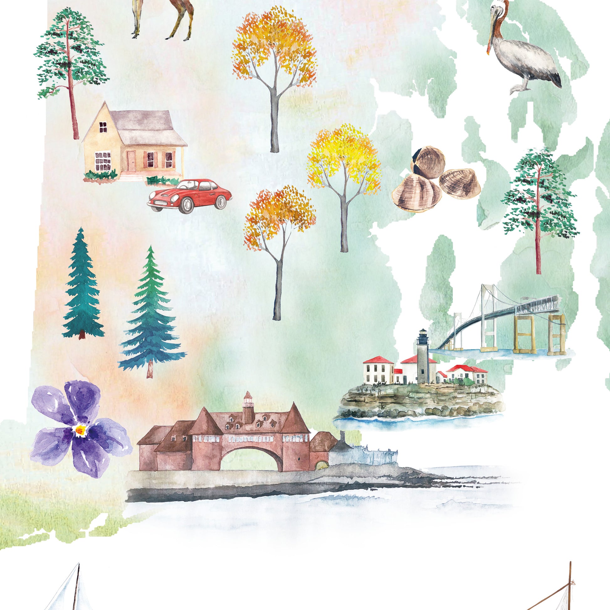 The image is a collage of various elements, including a house, a bridge, a bird, trees, a car, a flower, and a body of water.