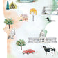 The image is a collage of various elements, including a tent, a house, a tree, a bird, a car, a cow, and a bridge.