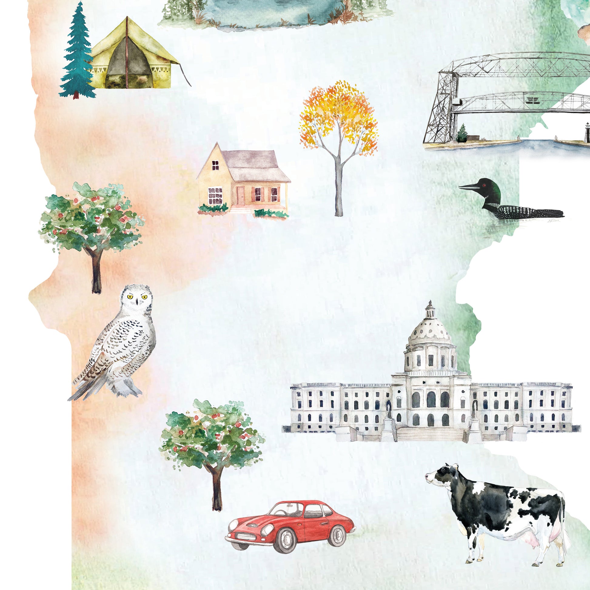 The image is a collage of various elements, including a tent, a house, a tree, a bird, a car, a cow, and a bridge.