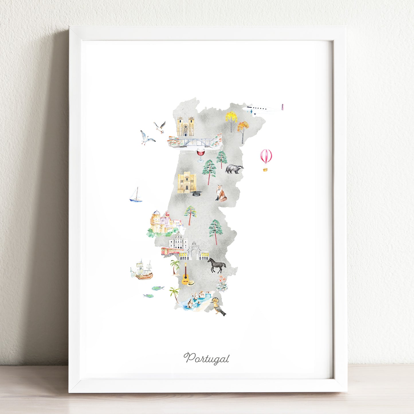 Illustrated map of Portugal with icons, cities, animals, landmarks