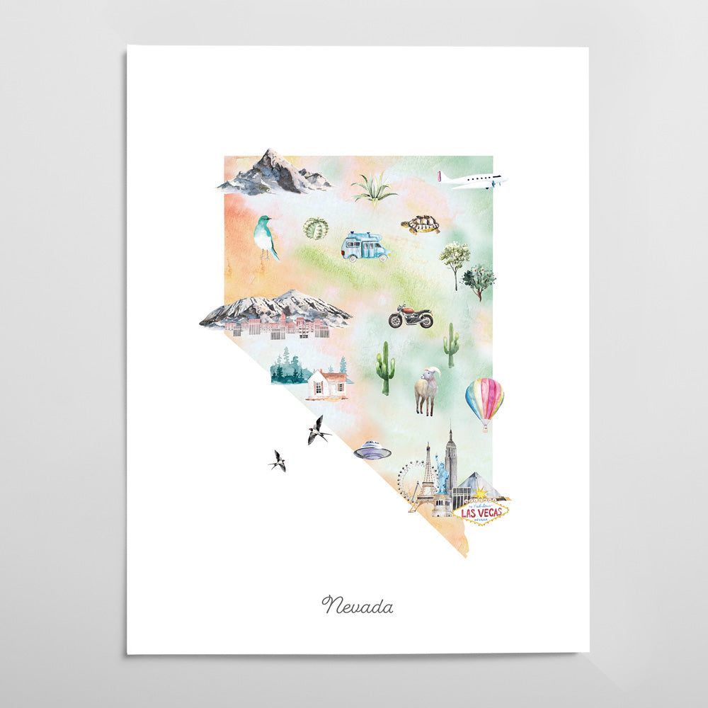 The image is a colorful illustration of the state of Nevada, featuring various landmarks and symbols such as mountains, buildings, hot air balloons, and a Las Vegas sign.