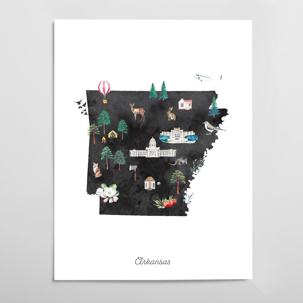 The image is a watercolor illustration depicting various elements associated with Arkansas, including a hot air balloon, a bird, a cat, a house, a tree, and a plane.