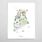 The image is a watercolor illustration depicting various elements of Maine, including mountains, forests, buildings, boats, and animals.