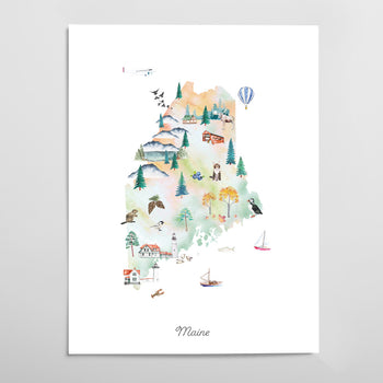 The image is a watercolor illustration depicting various elements of Maine, including mountains, forests, buildings, boats, and animals.