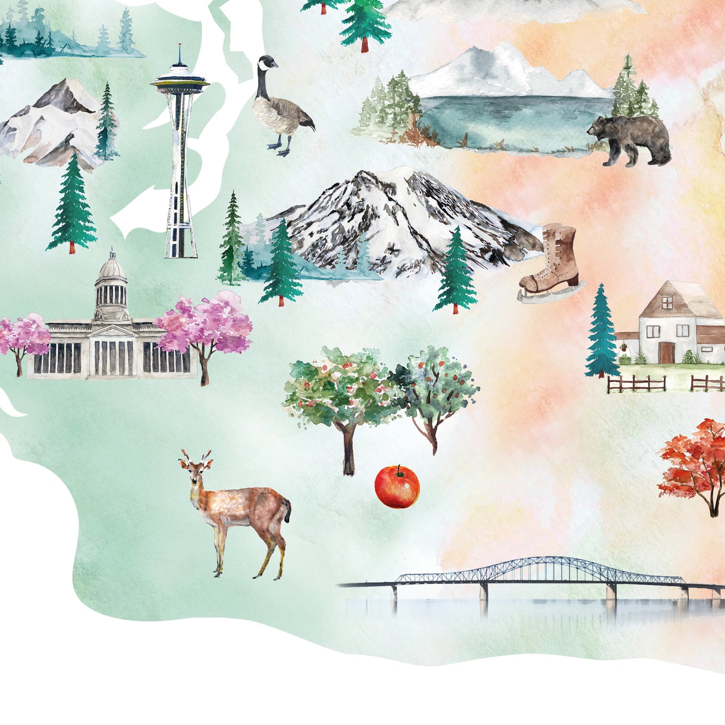 The image is a collage of various elements, including a tall tower, a bear, a bridge, a deer, a tree, a mountain, and a house, all set against a watercolor background.