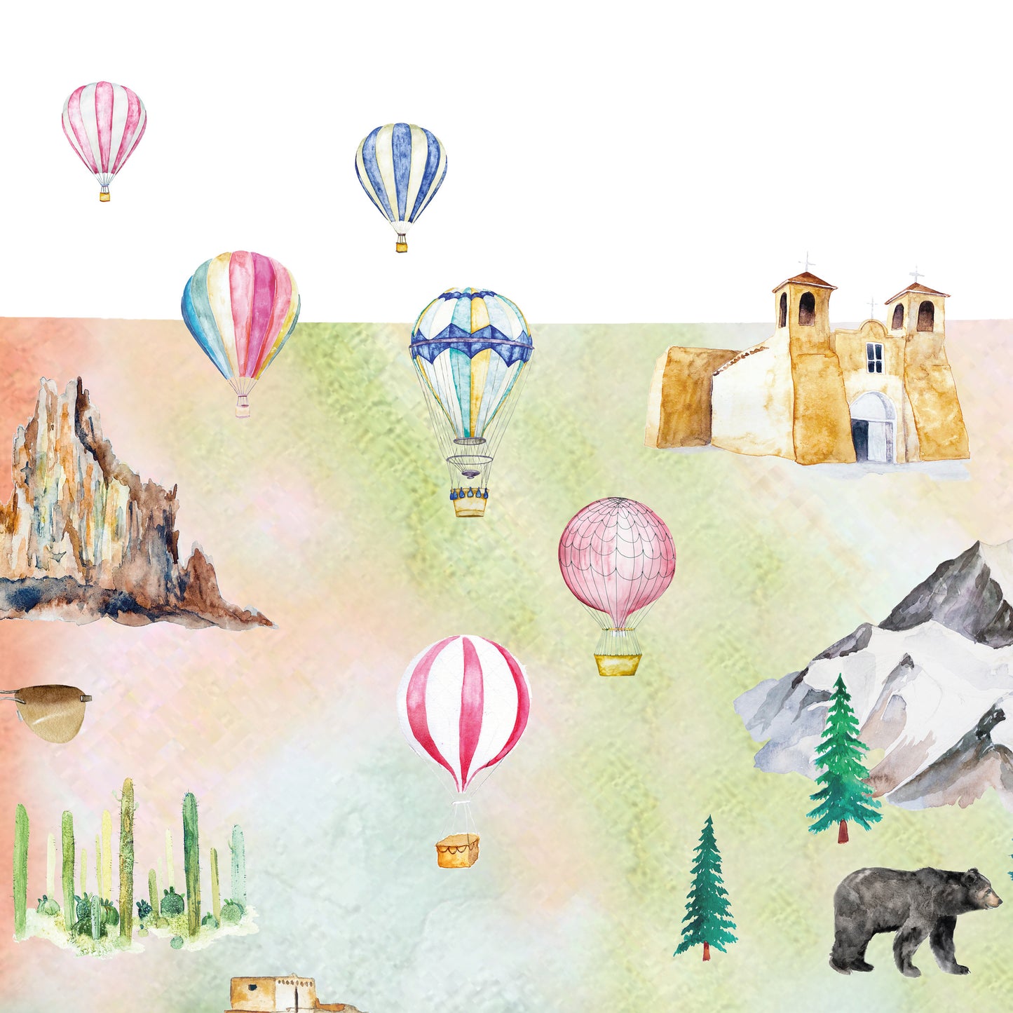The image is a collage of various scenes, including hot air balloons, a castle, mountains, pine trees, and a bear.