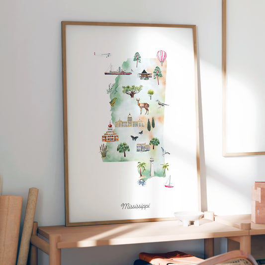 a framed watercolor illustration of the state of Mississippi, depicting various landmarks and scenes from the state.
