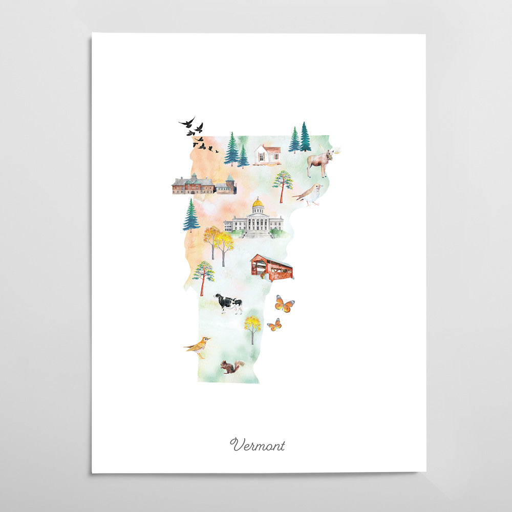 The image is a watercolor illustration depicting various scenes and landmarks of Vermont, including a castle, a church, a farm, and a bird.
