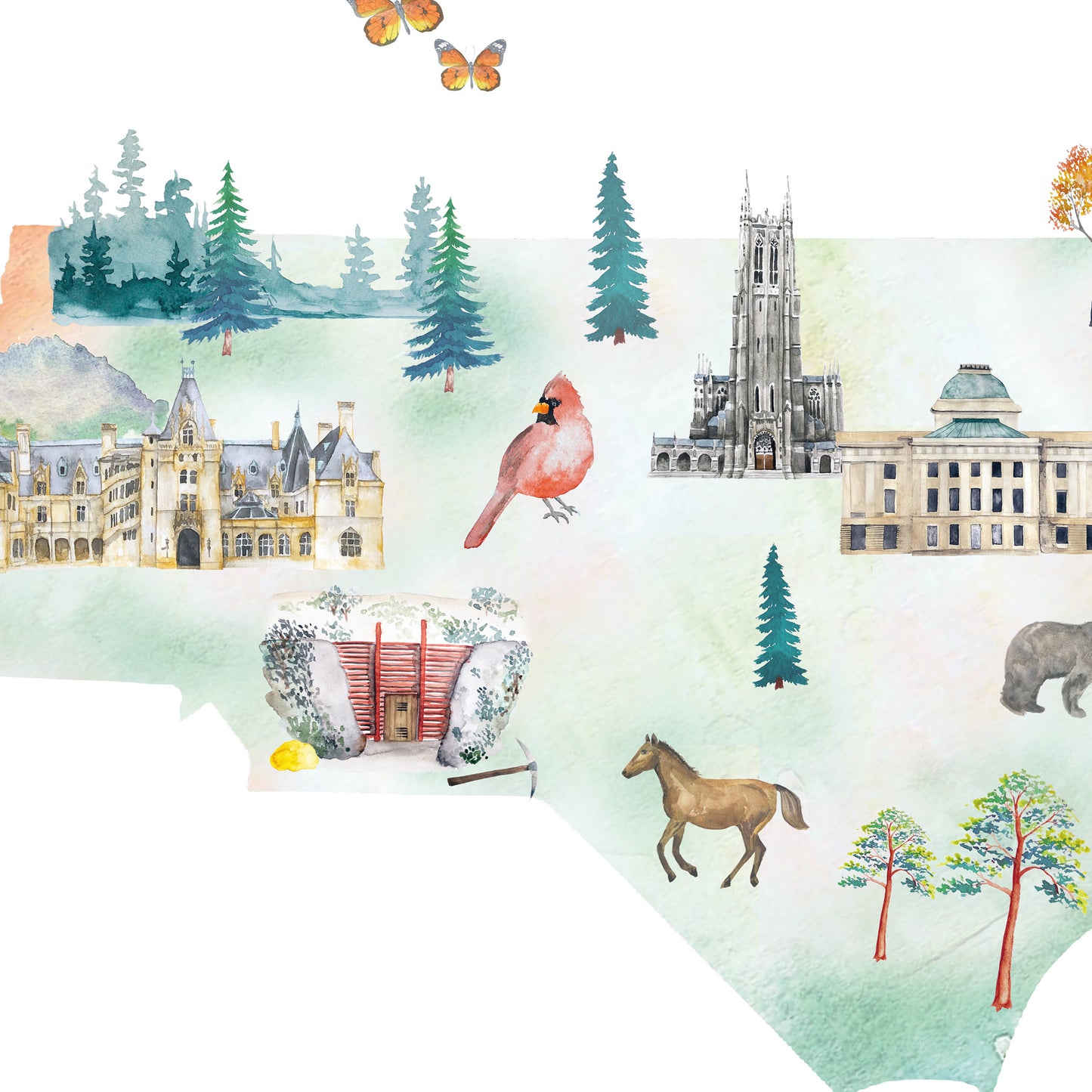 The image is a collage of various elements, including buildings, animals, and natural features, all set against a green background.