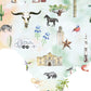 a variety of illustrations and objects, including a bull skull, a horse, a cactus, a trailer, a building, a bird, a rocket ship, a hummingbird, a bear, a palm tree, and a star.