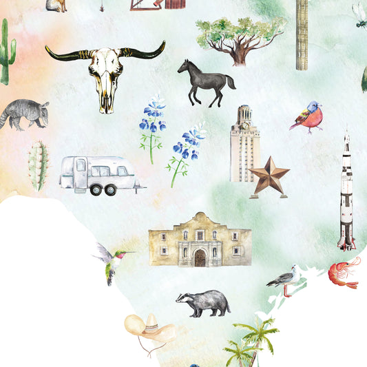 a variety of illustrations and objects, including a bull skull, a horse, a cactus, a trailer, a building, a bird, a rocket ship, a hummingbird, a bear, a palm tree, and a star.