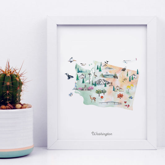 A framed watercolor illustration of Washington state, featuring various landmarks and natural elements such as mountains, forests, and wildlife.