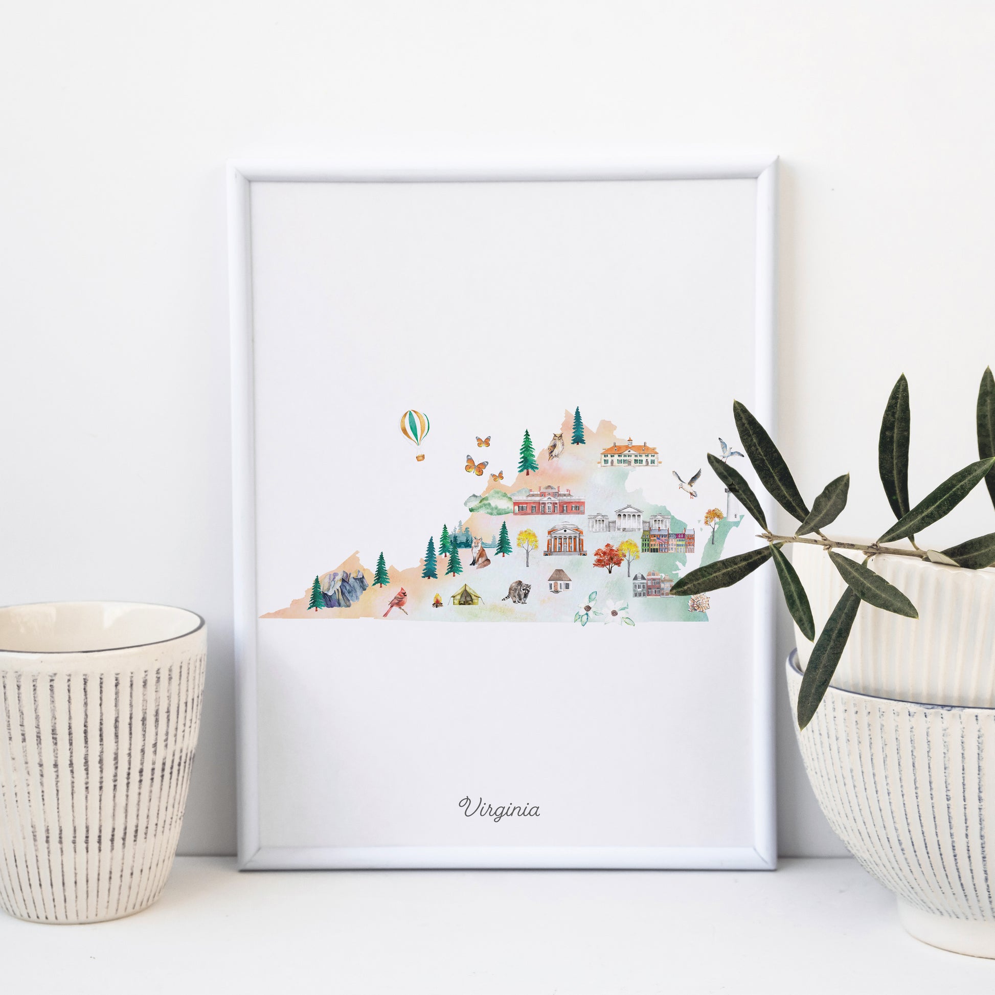 a framed illustration of Virginia, with various landmarks and scenes depicted in a colorful and detailed manner.