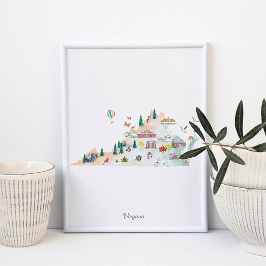 a framed illustration of Virginia, with various landmarks and scenes depicted in a colorful and detailed manner.