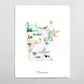 The image is a watercolor illustration depicting various landmarks and scenes from Minnesota, including a hot air balloon, a bird, a tree, a building, and a cow.