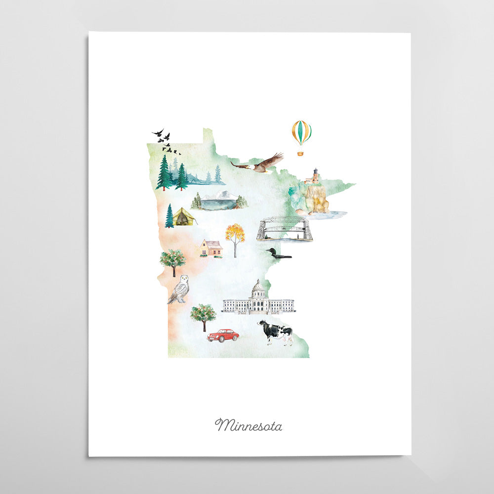The image is a watercolor illustration depicting various landmarks and scenes from Minnesota, including a hot air balloon, a bird, a tree, a building, and a cow.