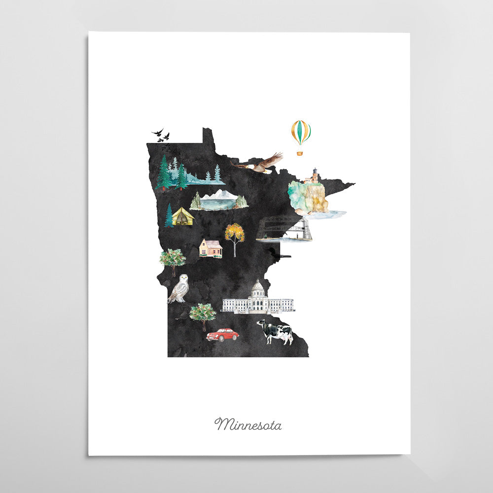 The image is a watercolor illustration depicting various landmarks and scenes from Minnesota, including a hot air balloon, a bird, a cow, and a house.