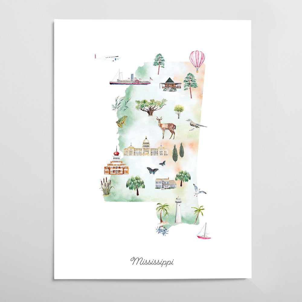 The image is a watercolor illustration depicting various landmarks and symbols associated with the state of Mississippi.