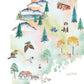 The image is a collage of various elements, including animals, buildings, and natural features, all set against a watercolor background.