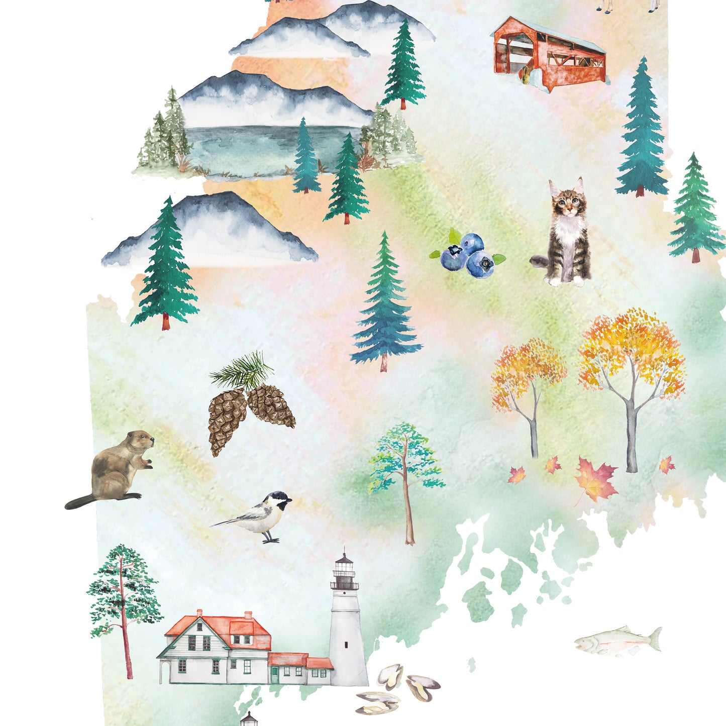 The image is a collage of various elements, including animals, buildings, and natural features, all set against a watercolor background.